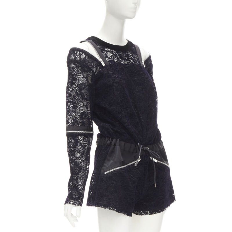 Sacai SACAI navy velvet floral lace pink zipper trim romper playsuit S Size 26" / US 2 / IT 38 - 3 Thumbnail