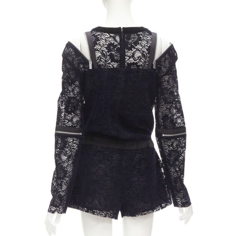 Sacai SACAI navy velvet floral lace pink zipper trim romper playsuit S Size 26" / US 2 / IT 38 - 5 Thumbnail