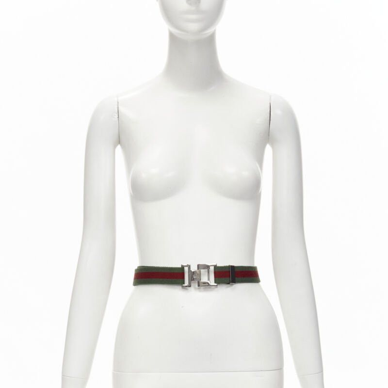 Gucci GUCCI Vintage Y2K silver ruthenium GG square buckle red green web belt Size ONE SIZE - 2 Thumbnail