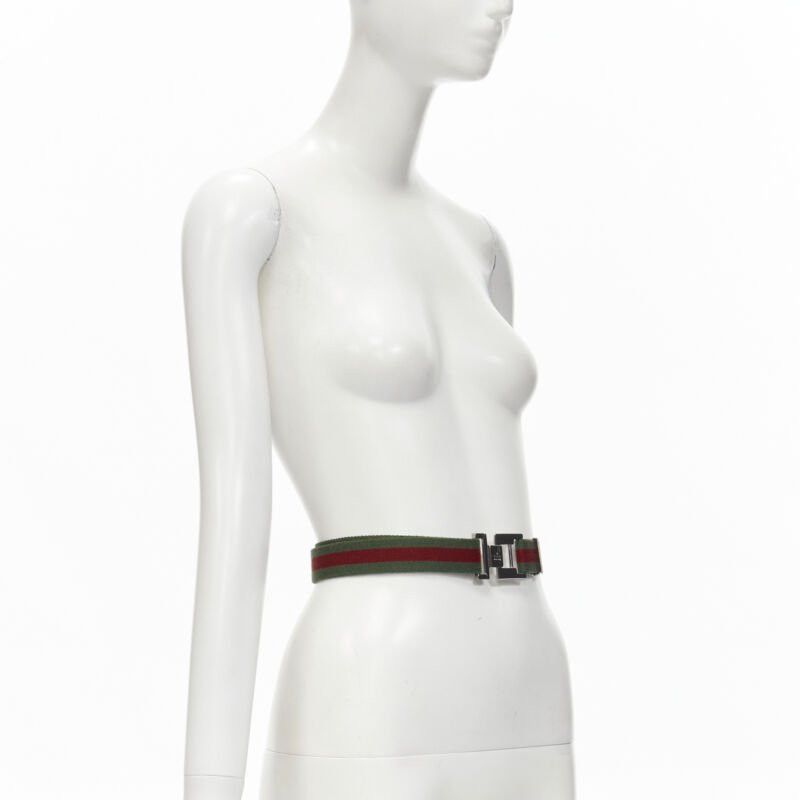 Gucci GUCCI Vintage Y2K silver ruthenium GG square buckle red green web belt Size ONE SIZE - 3 Thumbnail