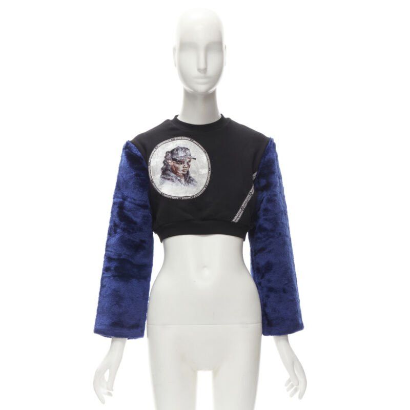 Nasir Mazhar NASIR MAZHAR black velvet print blue faux fur sleeve cropped sweatshirt S Size ONE SIZE - 9 Thumbnail