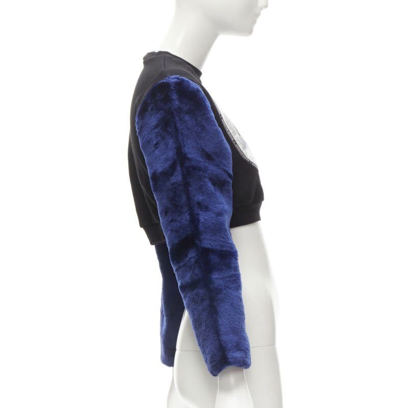 Nasir Mazhar NASIR MAZHAR black velvet print blue faux fur sleeve cropped sweatshirt S Size ONE SIZE - 4 Thumbnail