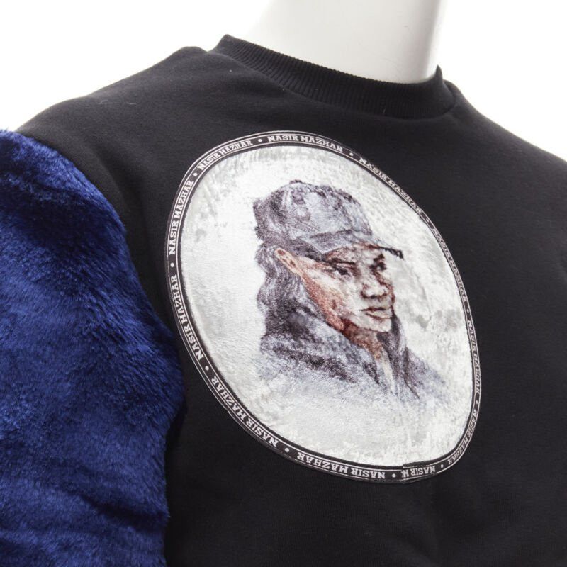 Nasir Mazhar NASIR MAZHAR black velvet print blue faux fur sleeve cropped sweatshirt S Size ONE SIZE - 7 Thumbnail