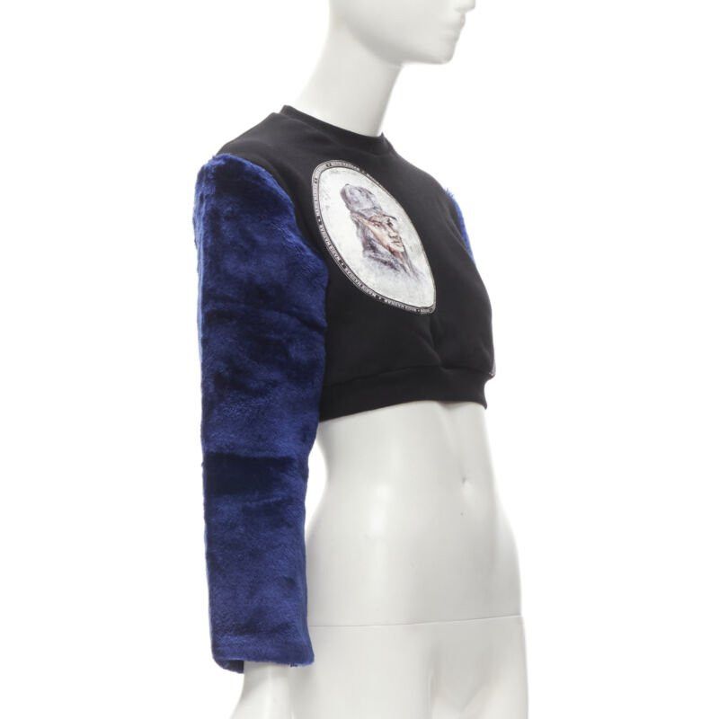 Nasir Mazhar NASIR MAZHAR black velvet print blue faux fur sleeve cropped sweatshirt S Size ONE SIZE - 3 Thumbnail