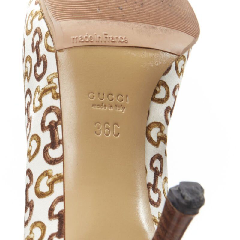 Gucci GUCCIN Vintage white leather trim brown horsebit bamboo print satin pump EU36 C Size US 6 / IT 36 - 10 Thumbnail