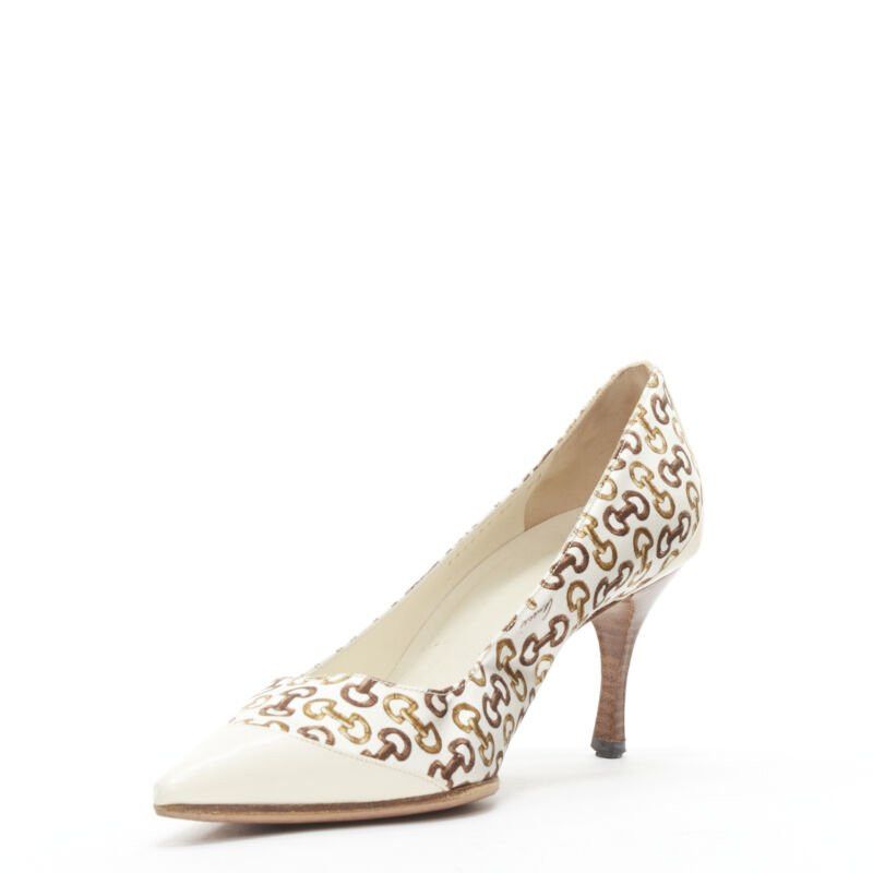 Gucci GUCCIN Vintage white leather trim brown horsebit bamboo print satin pump EU36 C Size US 6 / IT 36 - 4 Thumbnail