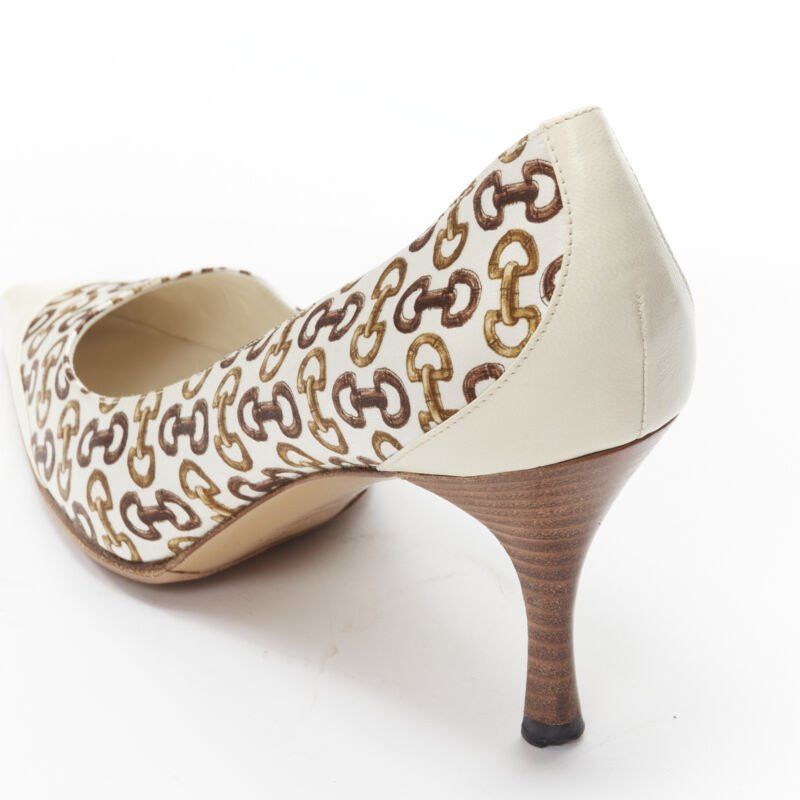 Gucci GUCCIN Vintage white leather trim brown horsebit bamboo print satin pump EU36 C Size US 6 / IT 36 - 8 Thumbnail