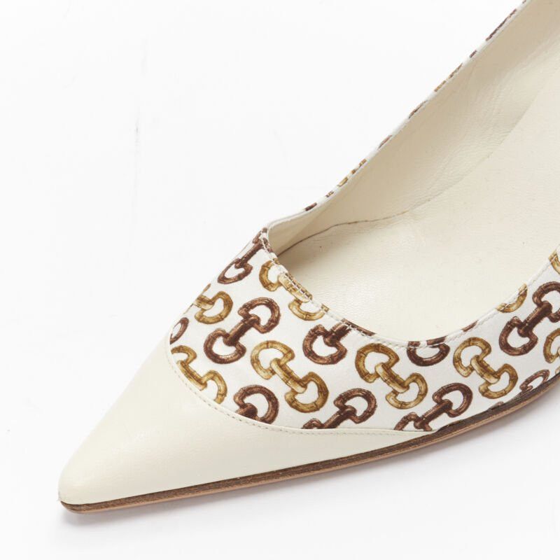Gucci GUCCIN Vintage white leather trim brown horsebit bamboo print satin pump EU36 C Size US 6 / IT 36 - 7 Thumbnail