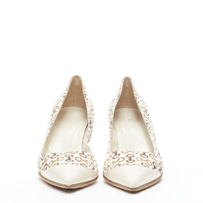 Gucci GUCCIN Vintage white leather trim brown horsebit bamboo print satin pump EU36 C Size US 6 / IT 36 - 3 Thumbnail