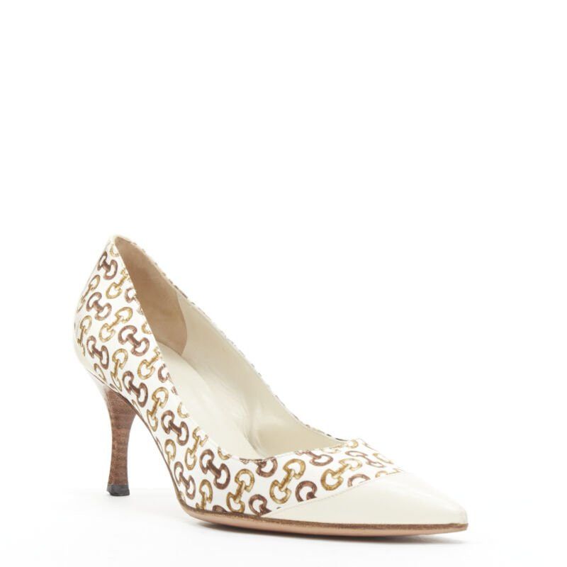 Gucci GUCCIN Vintage white leather trim brown horsebit bamboo print satin pump EU36 C Size US 6 / IT 36 - 2 Thumbnail