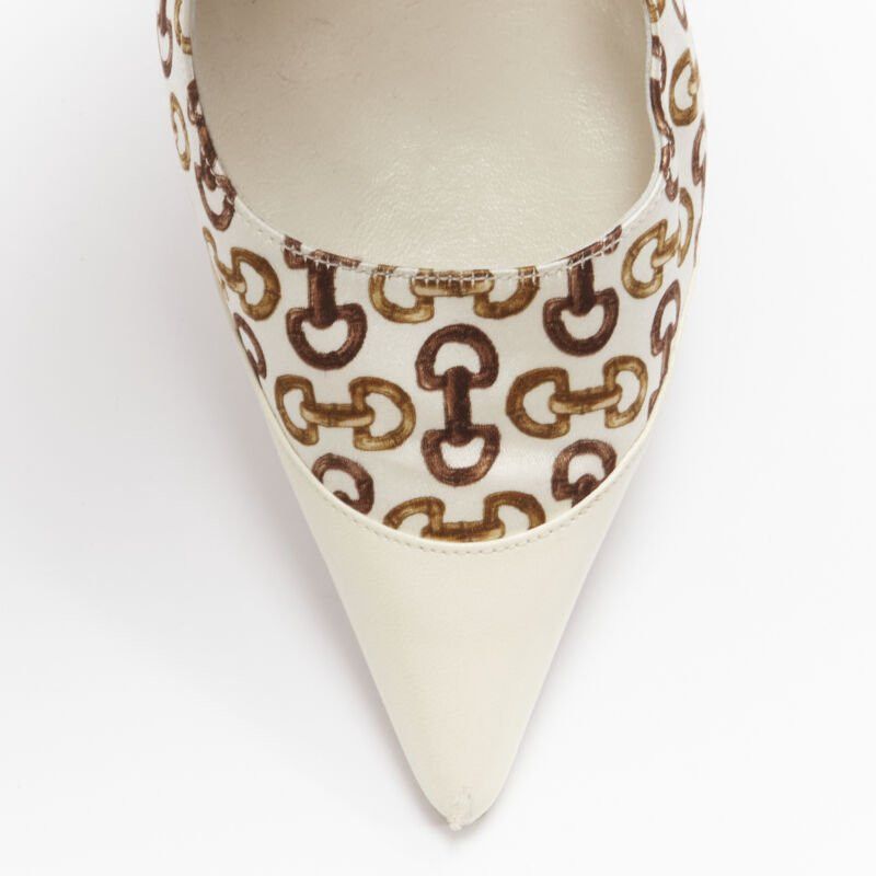Gucci GUCCIN Vintage white leather trim brown horsebit bamboo print satin pump EU36 C Size US 6 / IT 36 - 6 Thumbnail
