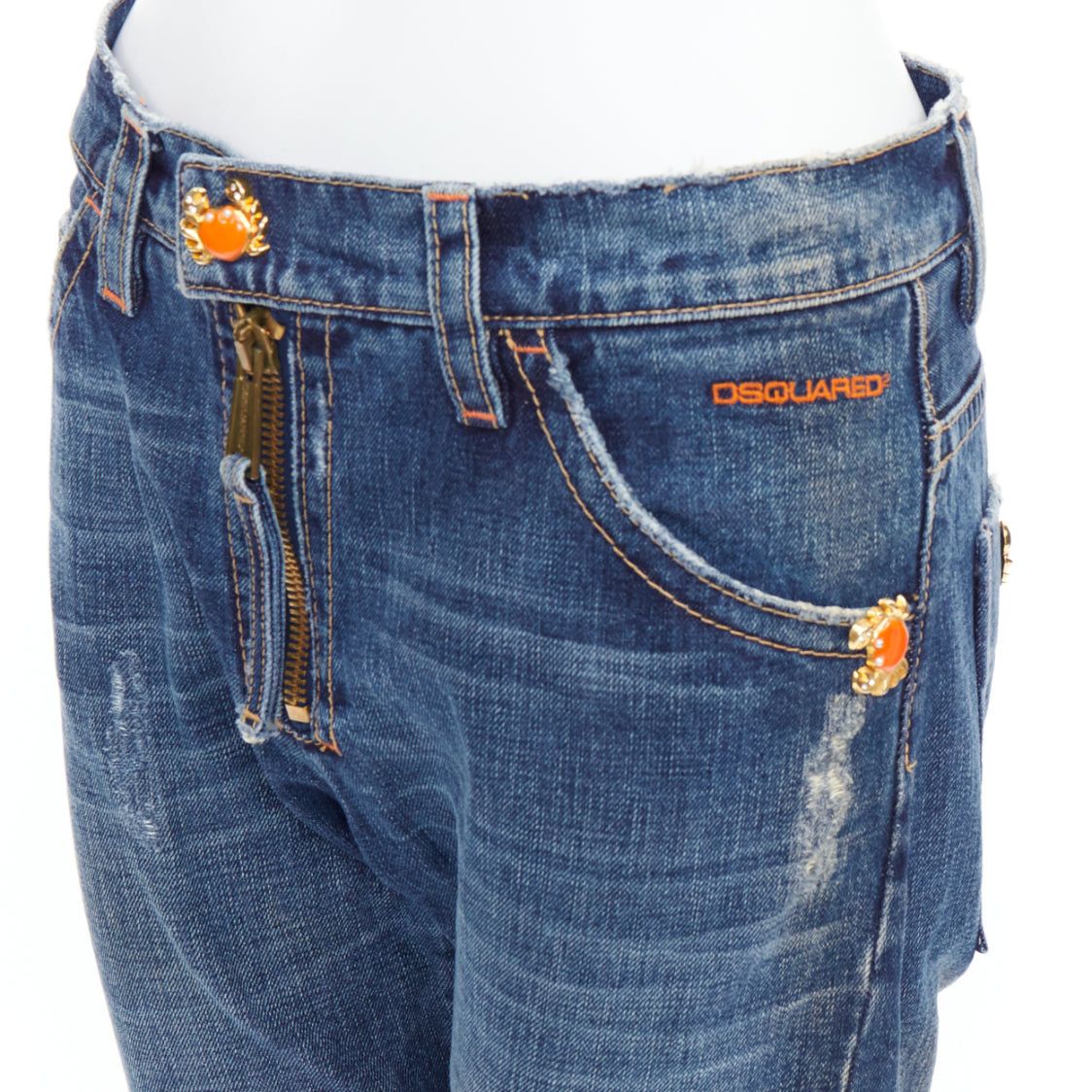 Dsquared2 DSQUARED2 Vintage orange crab button logo blue denim cropped jeans IT38 XS Size 26" / US 2 / IT 38 - 2 Thumbnail