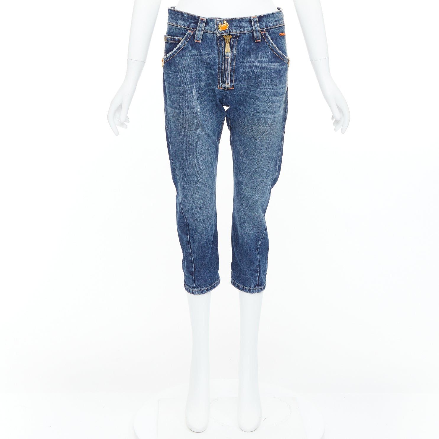 Dsquared2 DSQUARED2 Vintage orange crab button logo blue denim cropped jeans IT38 XS Size 26" / US 2 / IT 38 - 9 Thumbnail