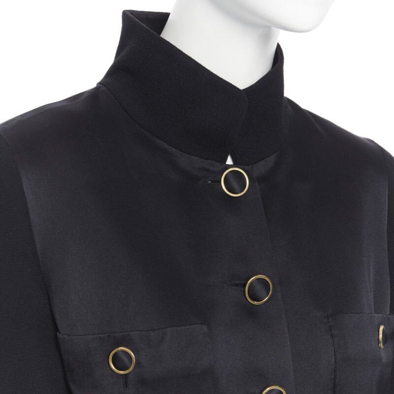 Chanel CHANEL black silk satin crepe 4 pockets gold high collar mandarin jacket FR42 Size L / US 10 / IT 46 - 2 Thumbnail
