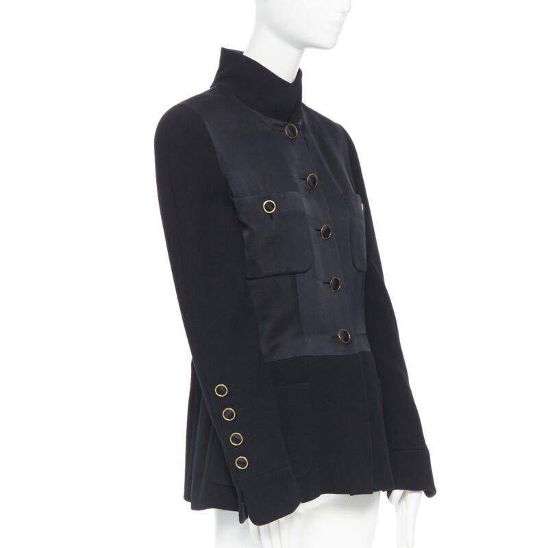 Chanel CHANEL black silk satin crepe 4 pockets gold high collar mandarin jacket FR42 Size L / US 10 / IT 46 - 3 Thumbnail