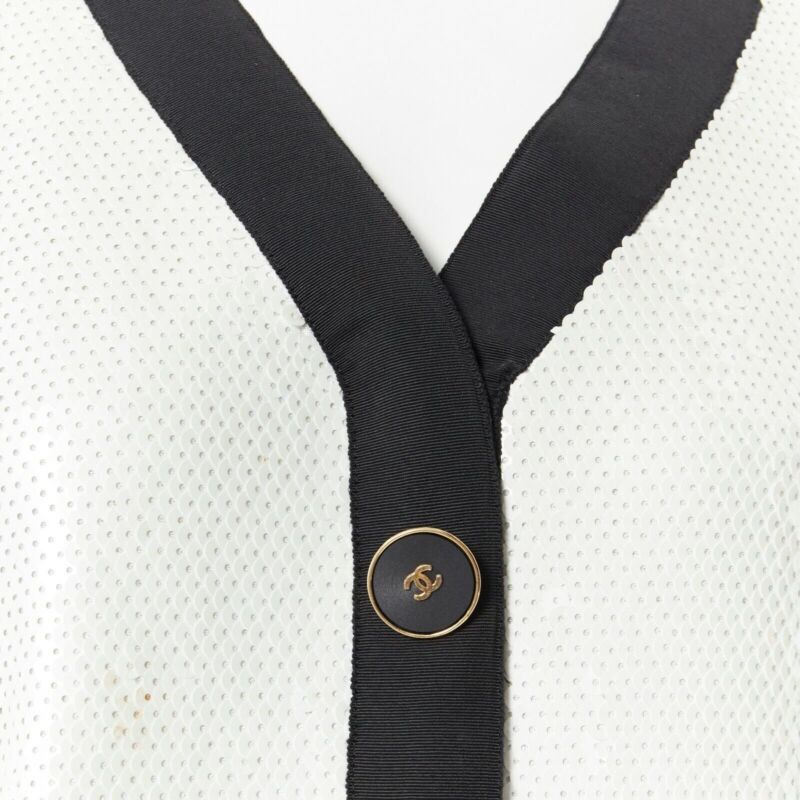 Chanel runway CHANEL SS91 white sequin black grosgrain trim scuba zipper jacket FR44 Size XL / US 12-14 / IT 48-50 - 2 Thumbnail