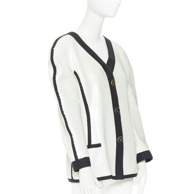 Chanel runway CHANEL SS91 white sequin black grosgrain trim scuba zipper jacket FR44 Size XL / US 12-14 / IT 48-50 - 3 Thumbnail