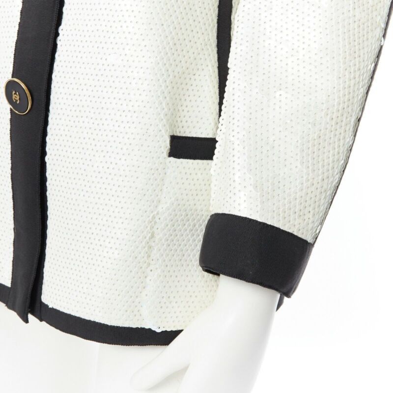 Chanel runway CHANEL SS91 white sequin black grosgrain trim scuba zipper jacket FR44 Size XL / US 12-14 / IT 48-50 - 9 Thumbnail