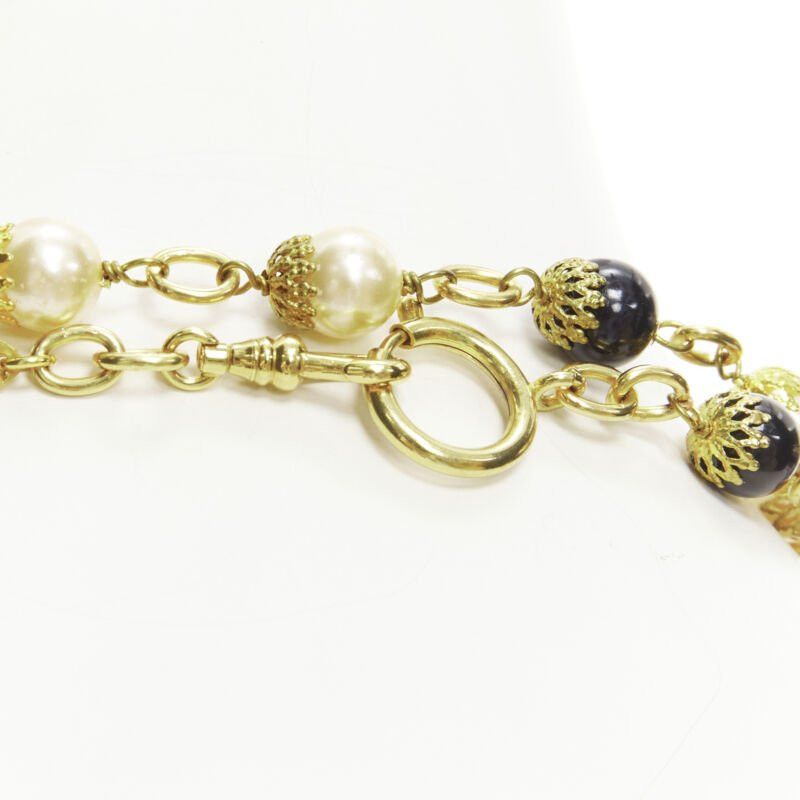 CHANEL Vintage Haute Couture Goosens Lion head black faux pearl sautoir neckace