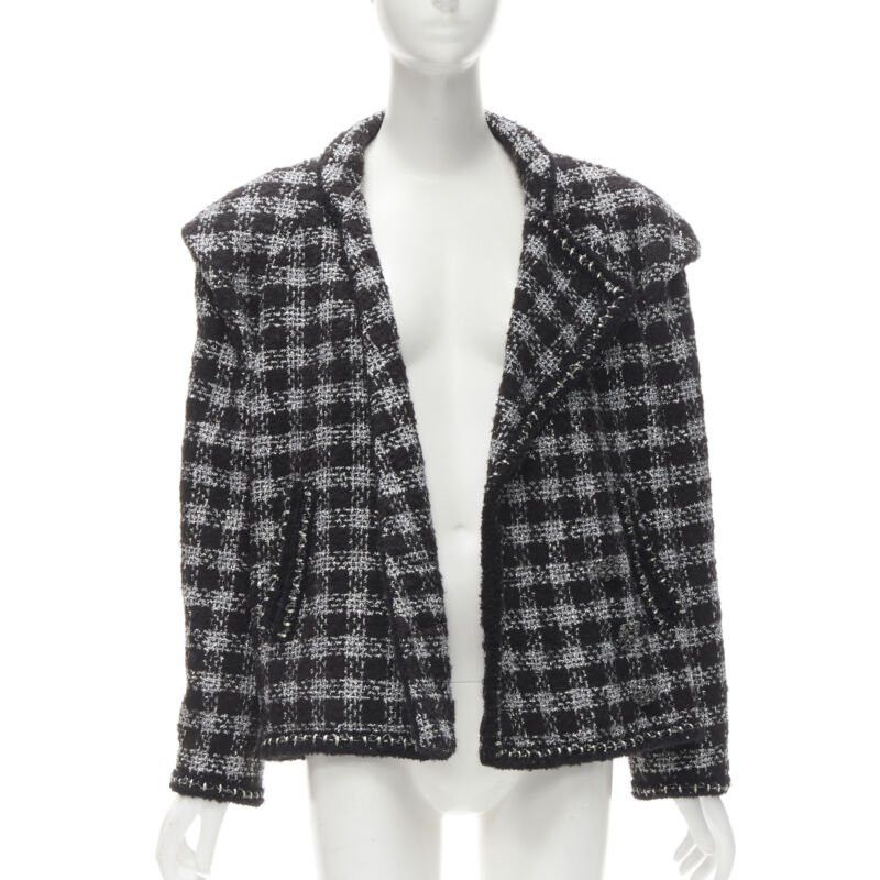 Chanel CHANEL 11A Fantasy Tweed black silver checkered asymmetric collar jacket FR44 XL Size XL / US 12-14 / IT 48-50 - 3 Thumbnail