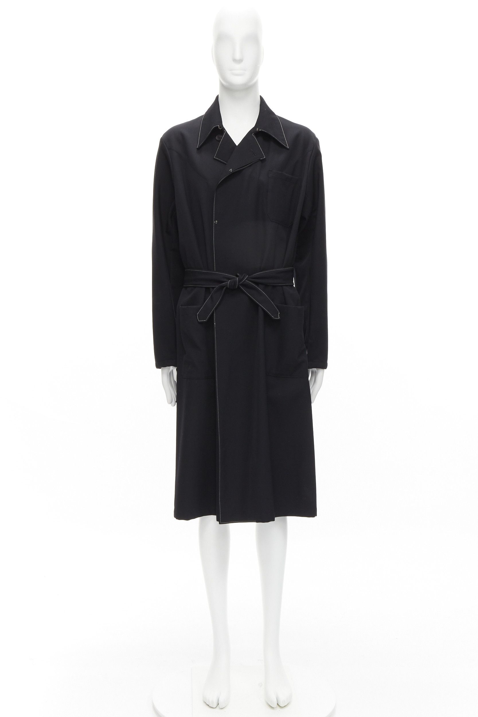 Yohji Yamamoto YOHJI YAMAMOTO HOMME 1997 Vintage Runway black white topstitched draped belted coat M Size US M / EU 48-50 / 2 - 15 Thumbnail