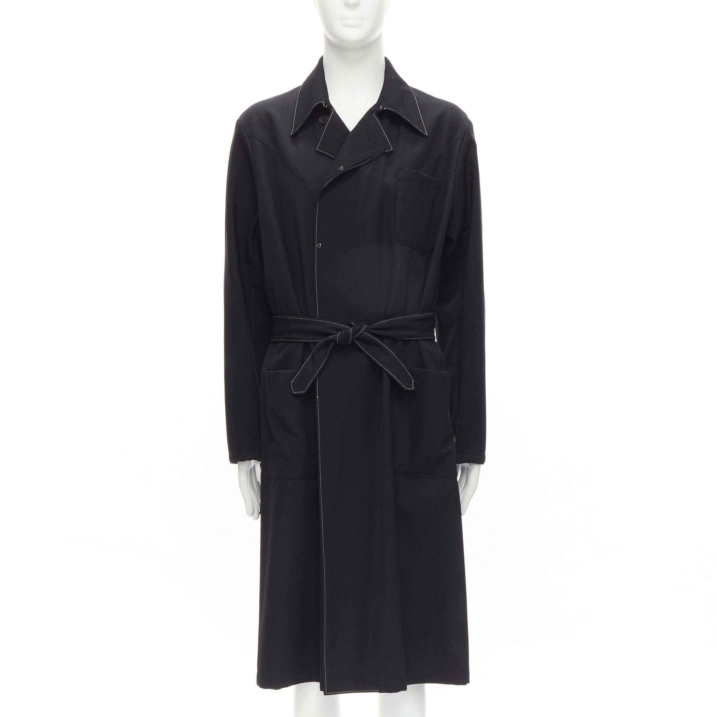 Yohji Yamamoto YOHJI YAMAMOTO HOMME 1997 Vintage Runway black white topstitched draped belted coat M Size US M / EU 48-50 / 2 - 3 Thumbnail