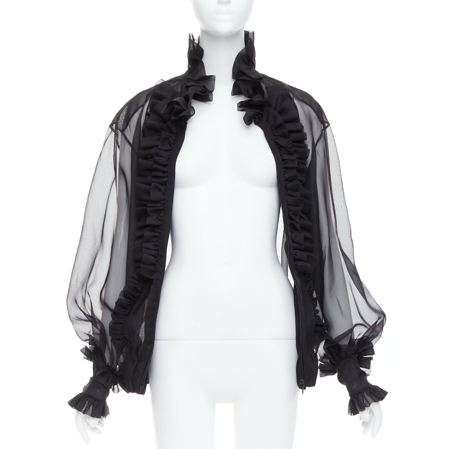 Chanel rare CHANEL black sheer silk Victorian ruffle collar zip up bomber jacket Size L / US 10 / IT 46 - 3 Thumbnail