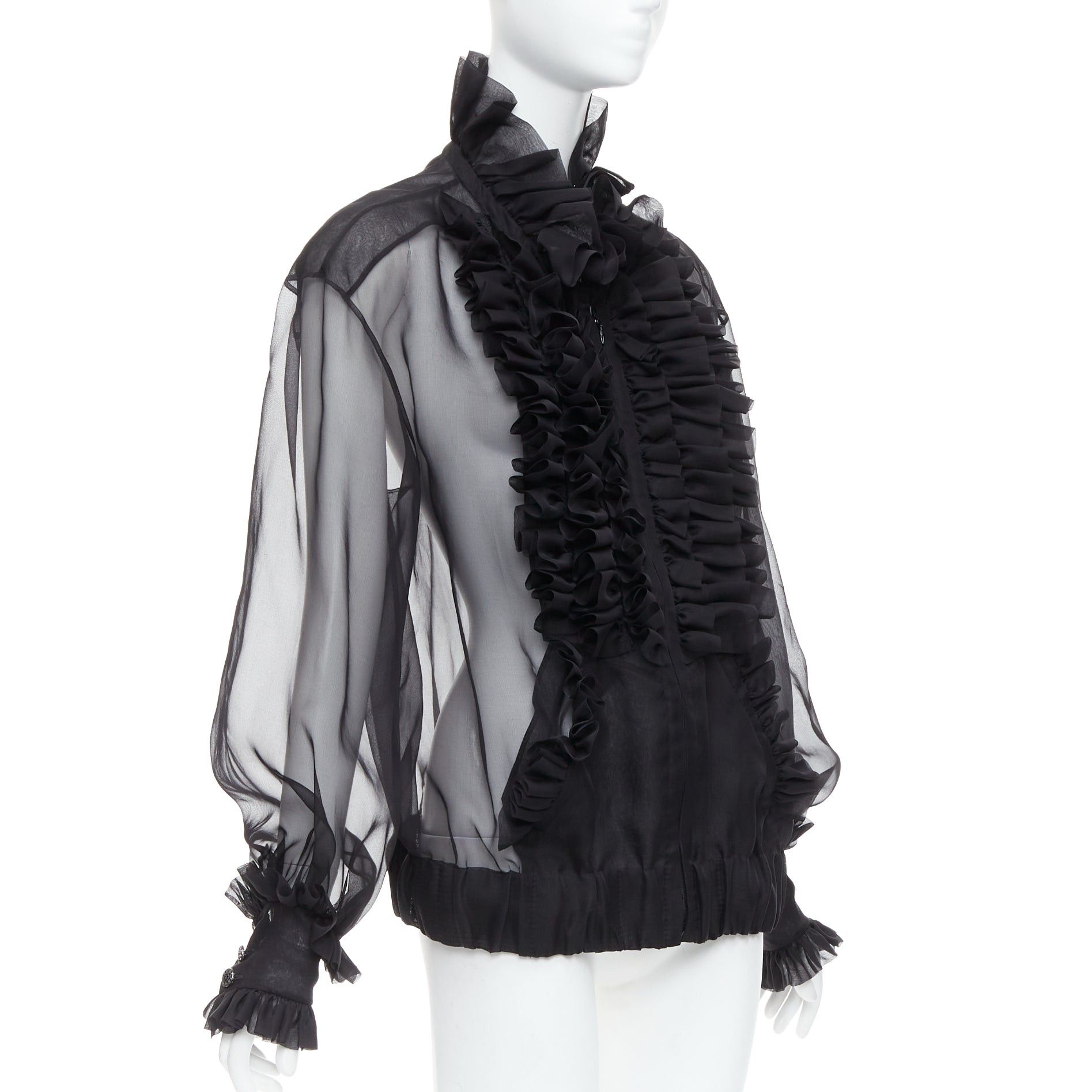 Chanel rare CHANEL black sheer silk Victorian ruffle collar zip up bomber jacket Size L / US 10 / IT 46 - 4 Thumbnail