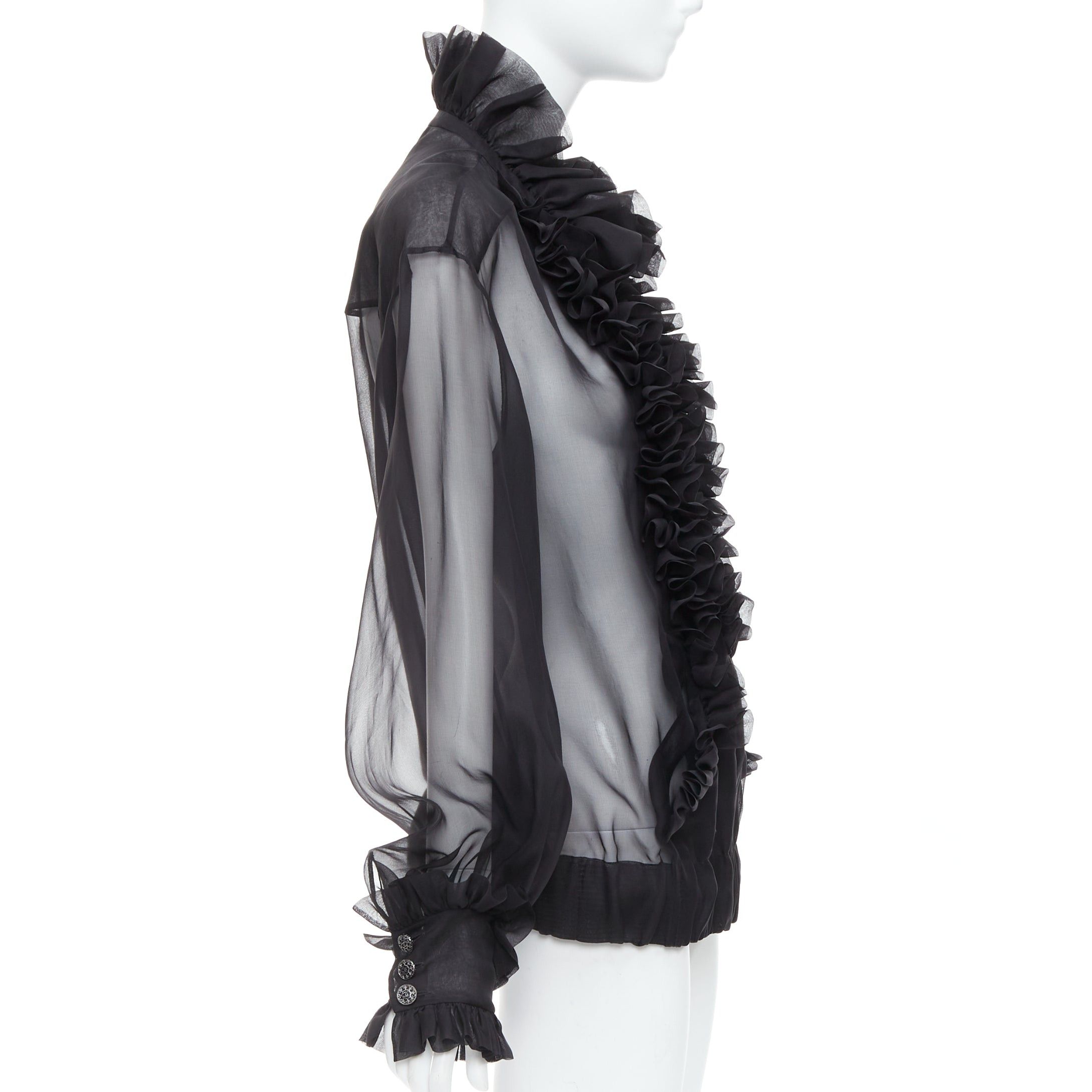 Chanel rare CHANEL black sheer silk Victorian ruffle collar zip up bomber jacket Size L / US 10 / IT 46 - 5 Thumbnail