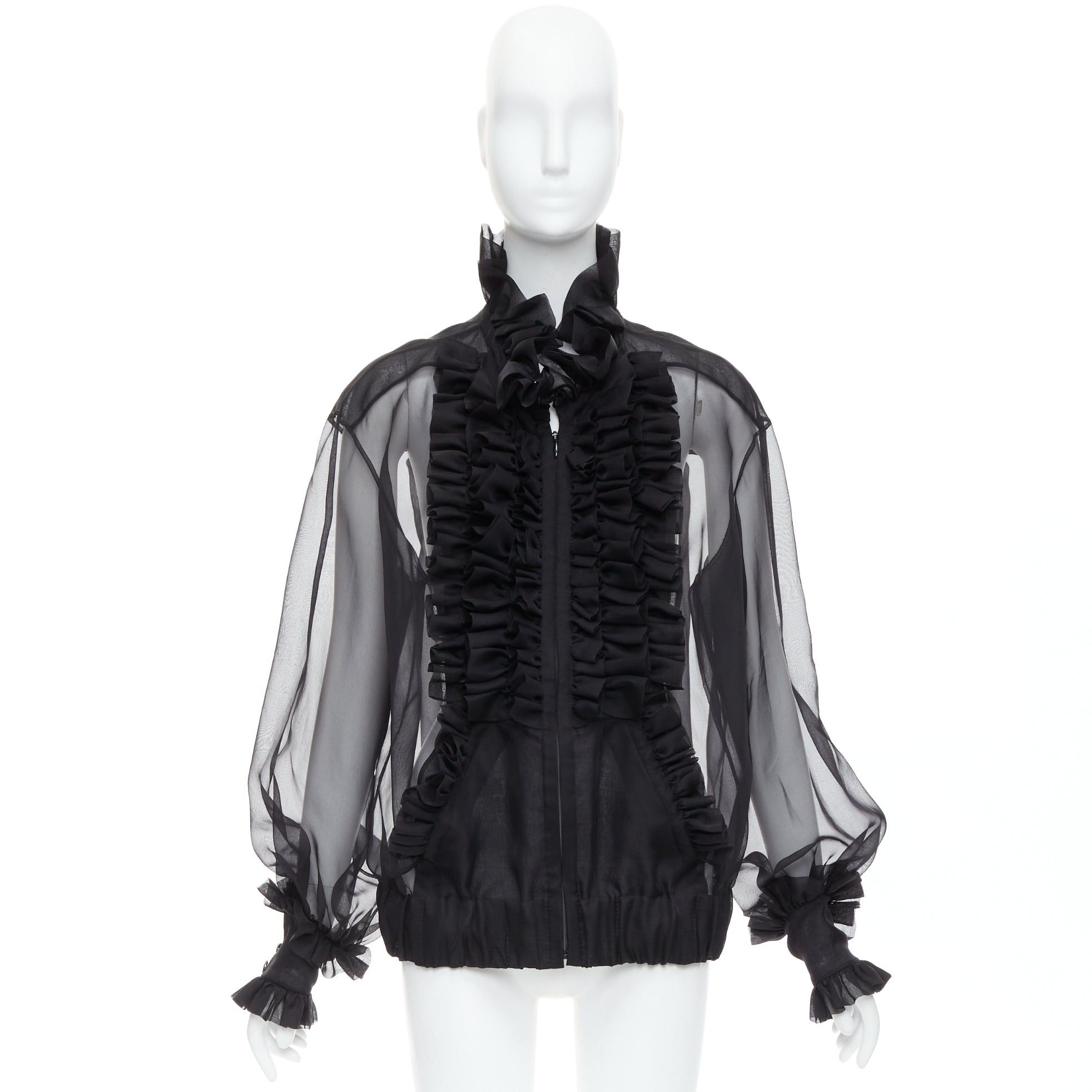 Chanel rare CHANEL black sheer silk Victorian ruffle collar zip up bomber jacket Size L / US 10 / IT 46 - 13 Thumbnail