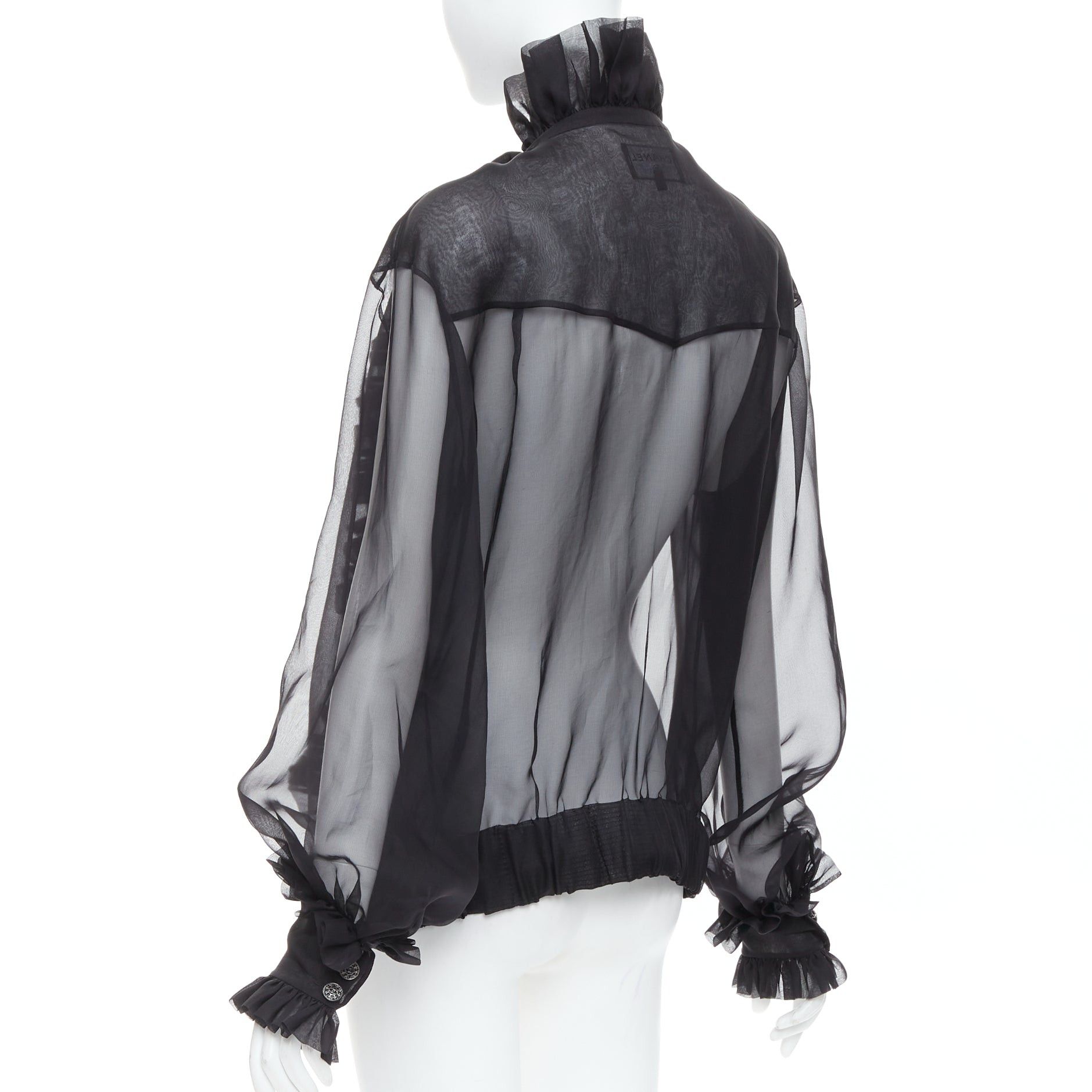 Chanel rare CHANEL black sheer silk Victorian ruffle collar zip up bomber jacket Size L / US 10 / IT 46 - 7 Thumbnail
