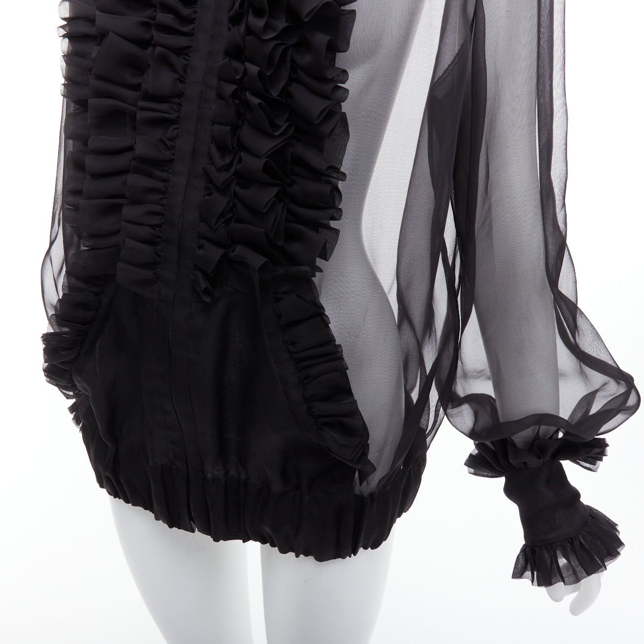 Chanel rare CHANEL black sheer silk Victorian ruffle collar zip up bomber jacket Size L / US 10 / IT 46 - 8 Thumbnail