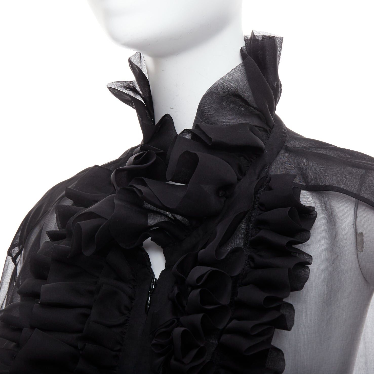 Chanel rare CHANEL black sheer silk Victorian ruffle collar zip up bomber jacket Size L / US 10 / IT 46 - 2 Thumbnail