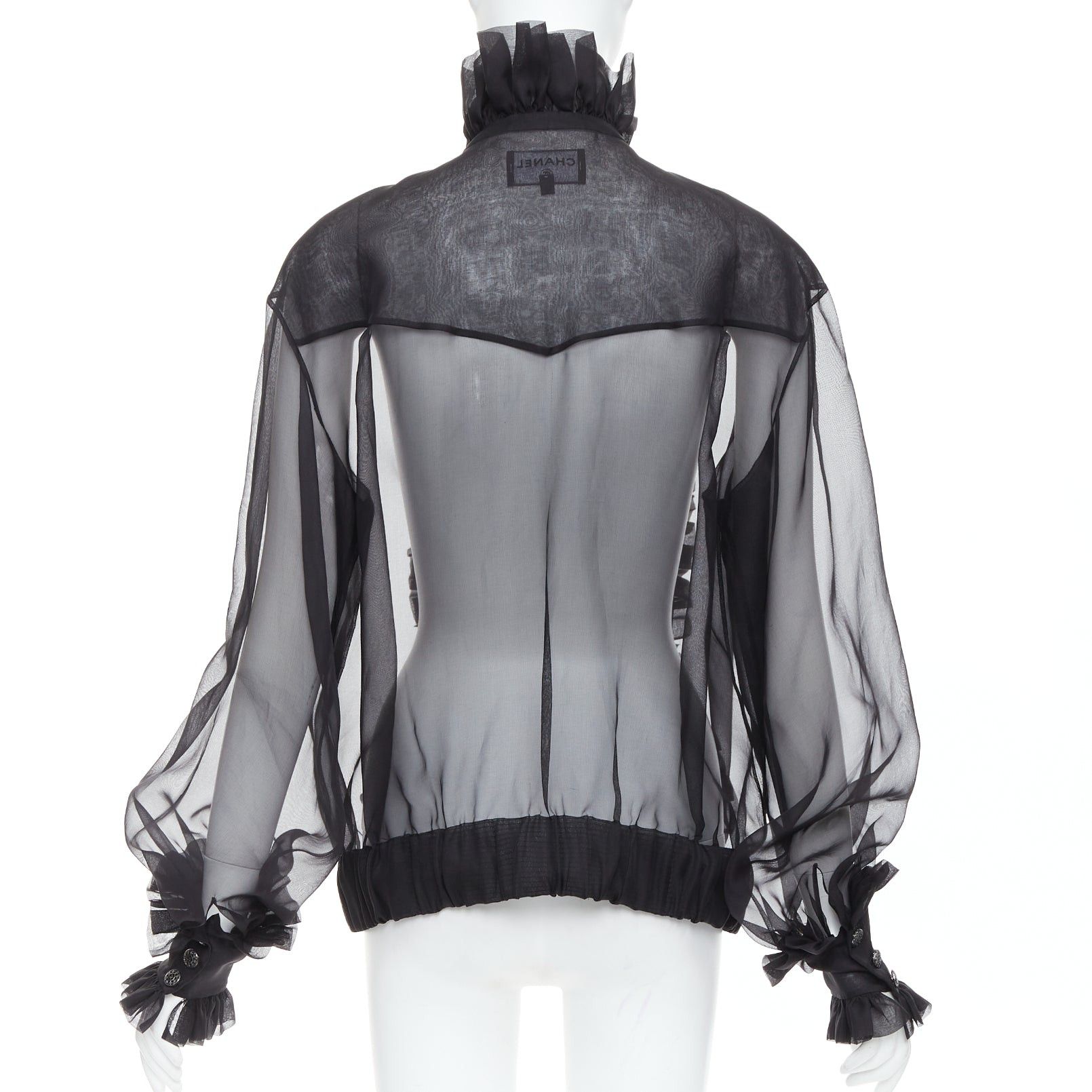 Chanel rare CHANEL black sheer silk Victorian ruffle collar zip up bomber jacket Size L / US 10 / IT 46 - 6 Thumbnail