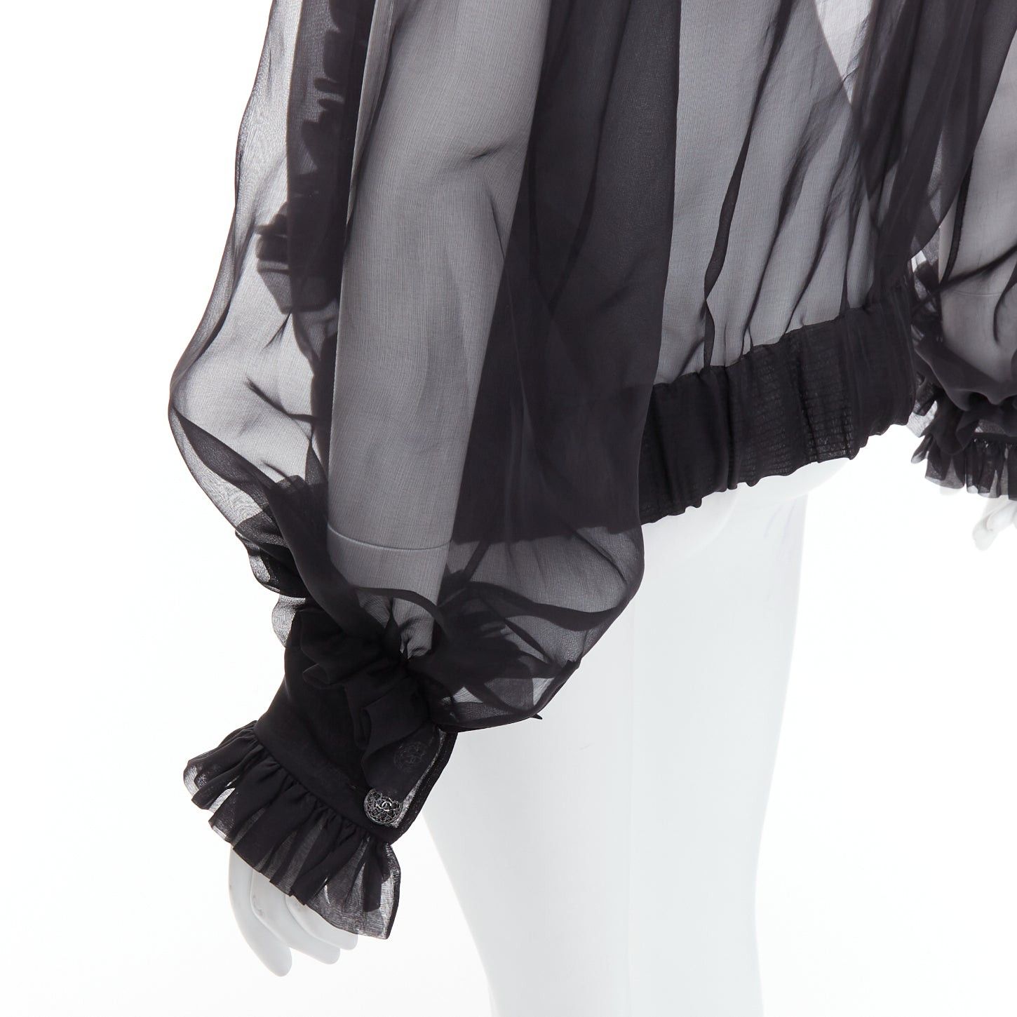 Chanel rare CHANEL black sheer silk Victorian ruffle collar zip up bomber jacket Size L / US 10 / IT 46 - 9 Thumbnail