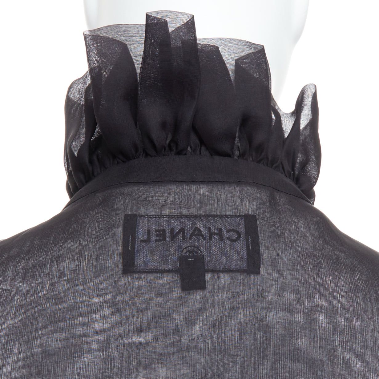 Chanel rare CHANEL black sheer silk Victorian ruffle collar zip up bomber jacket Size L / US 10 / IT 46 - 11 Thumbnail