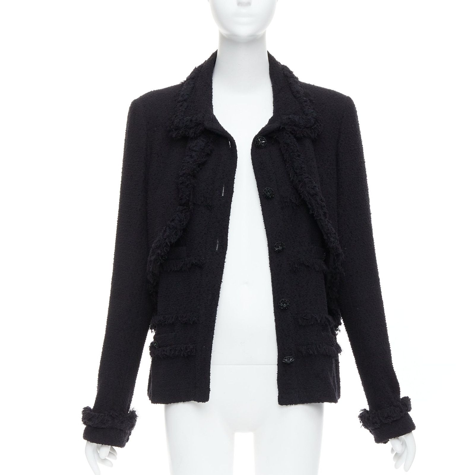 Chanel CHANEL 08A Runway black tweed braided fringe trim tromp loeil layered 4 pocket jacket FR46 Size XL / US 12-14 / IT 48-50 - 3 Thumbnail