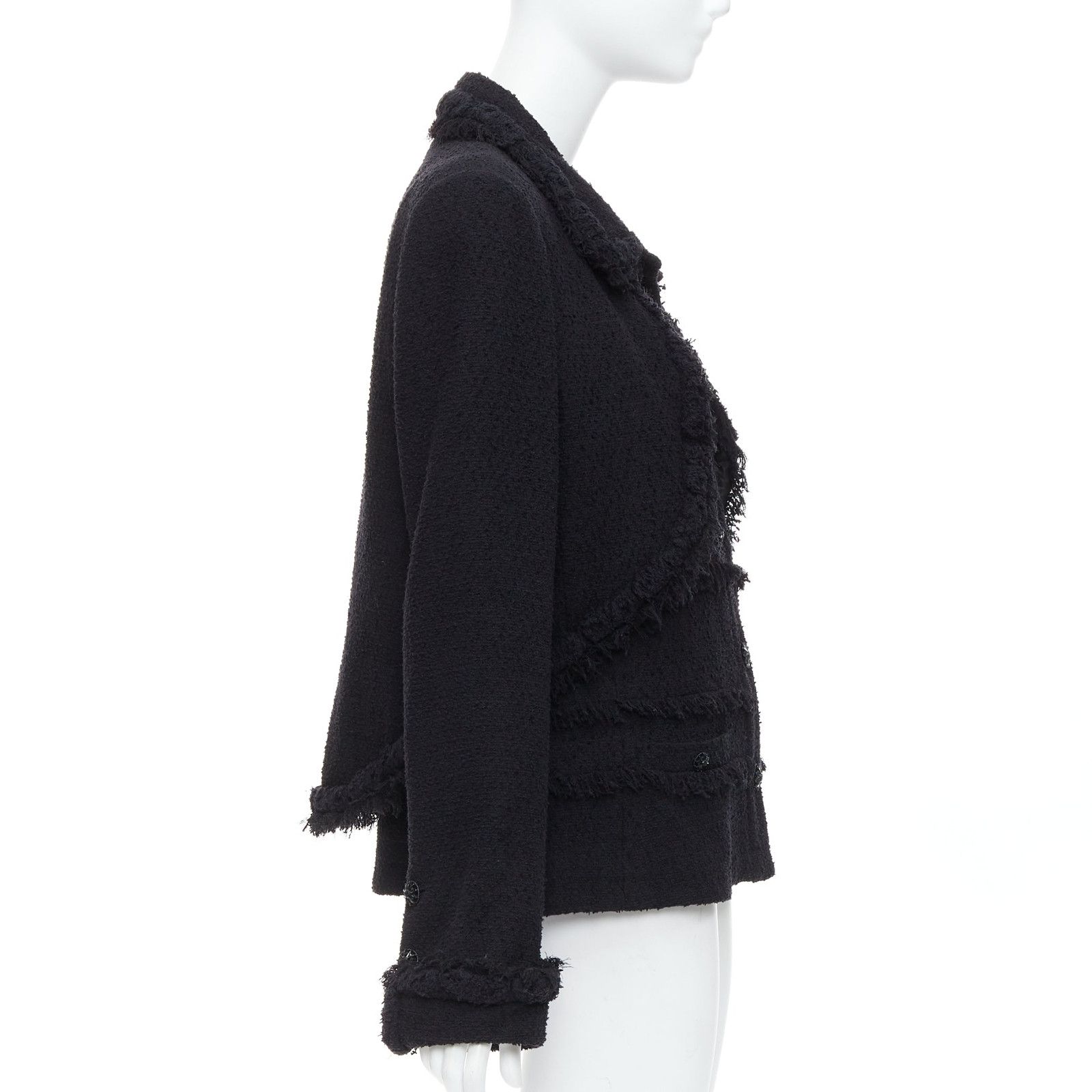 Chanel CHANEL 08A Runway black tweed braided fringe trim tromp loeil layered 4 pocket jacket FR46 Size XL / US 12-14 / IT 48-50 - 5 Thumbnail