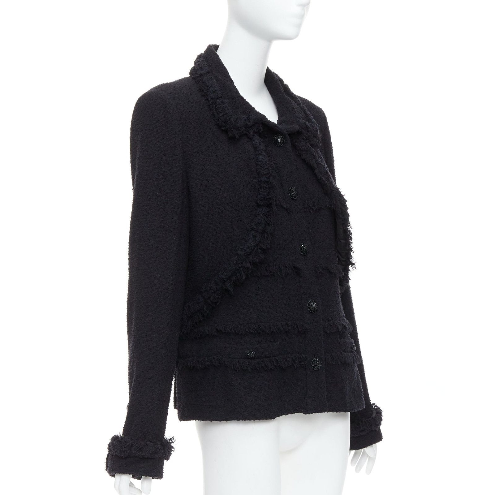 Chanel CHANEL 08A Runway black tweed braided fringe trim tromp loeil layered 4 pocket jacket FR46 Size XL / US 12-14 / IT 48-50 - 4 Thumbnail