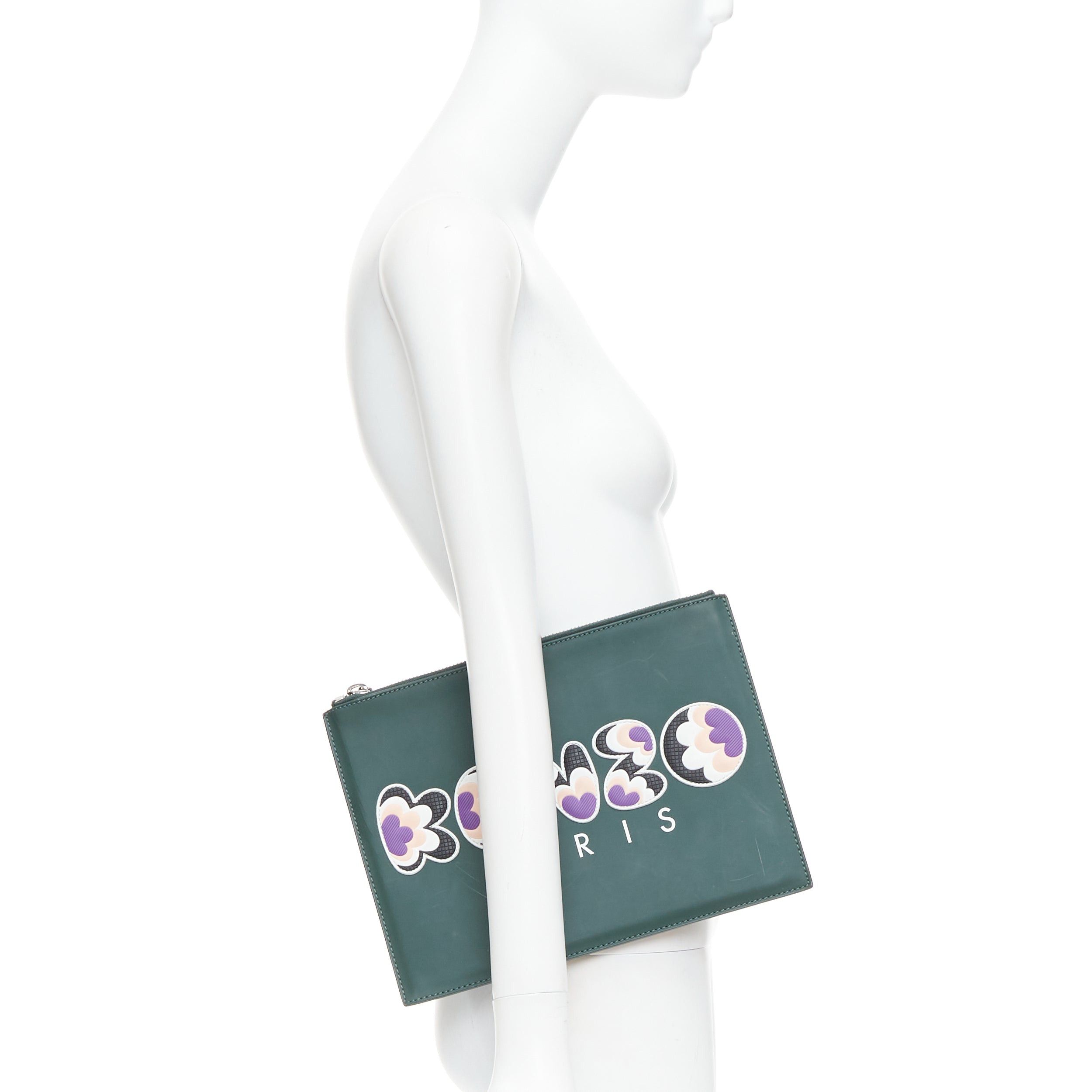 Kenzo KENZO dark green purple debossed rubber logo portfolio zip clutch Size ONE SIZE - 2 Thumbnail