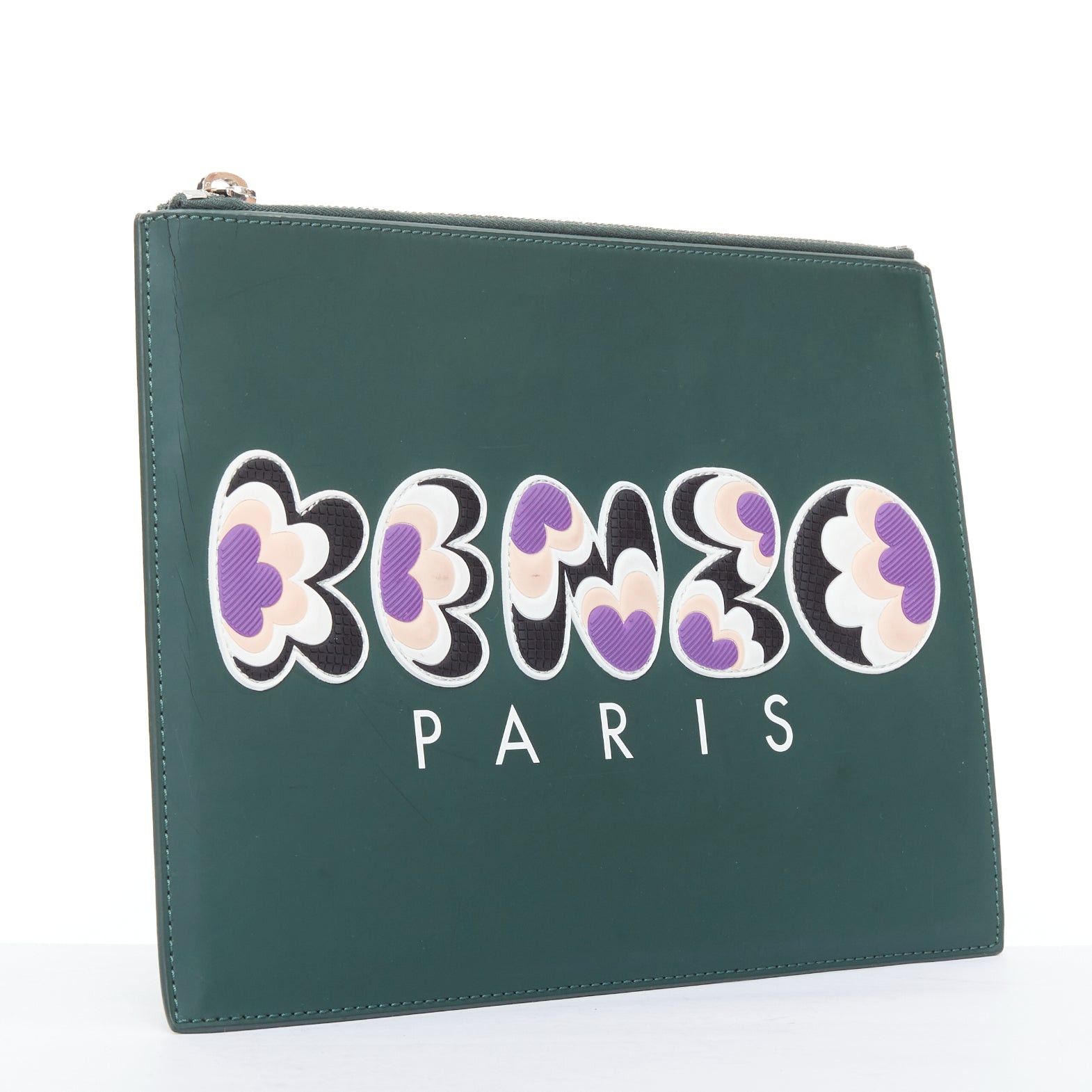 Kenzo KENZO dark green purple debossed rubber logo portfolio zip clutch Size ONE SIZE - 3 Thumbnail