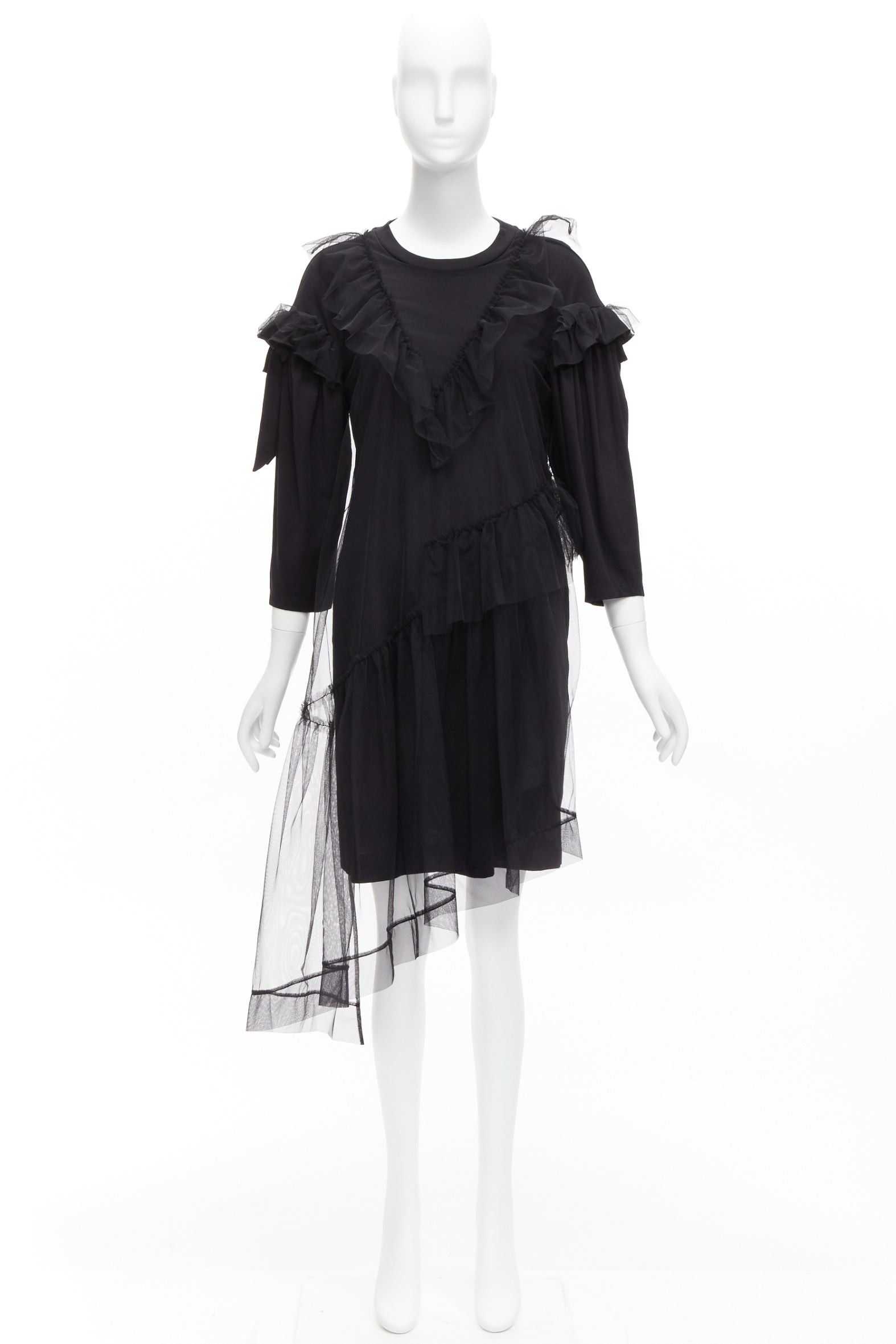 Simone Rocha SIMONE ROCHA black asymmetric tulle ruffle trim overlay tshirt dress S Size S / US 4 / IT 40 - 9 Thumbnail