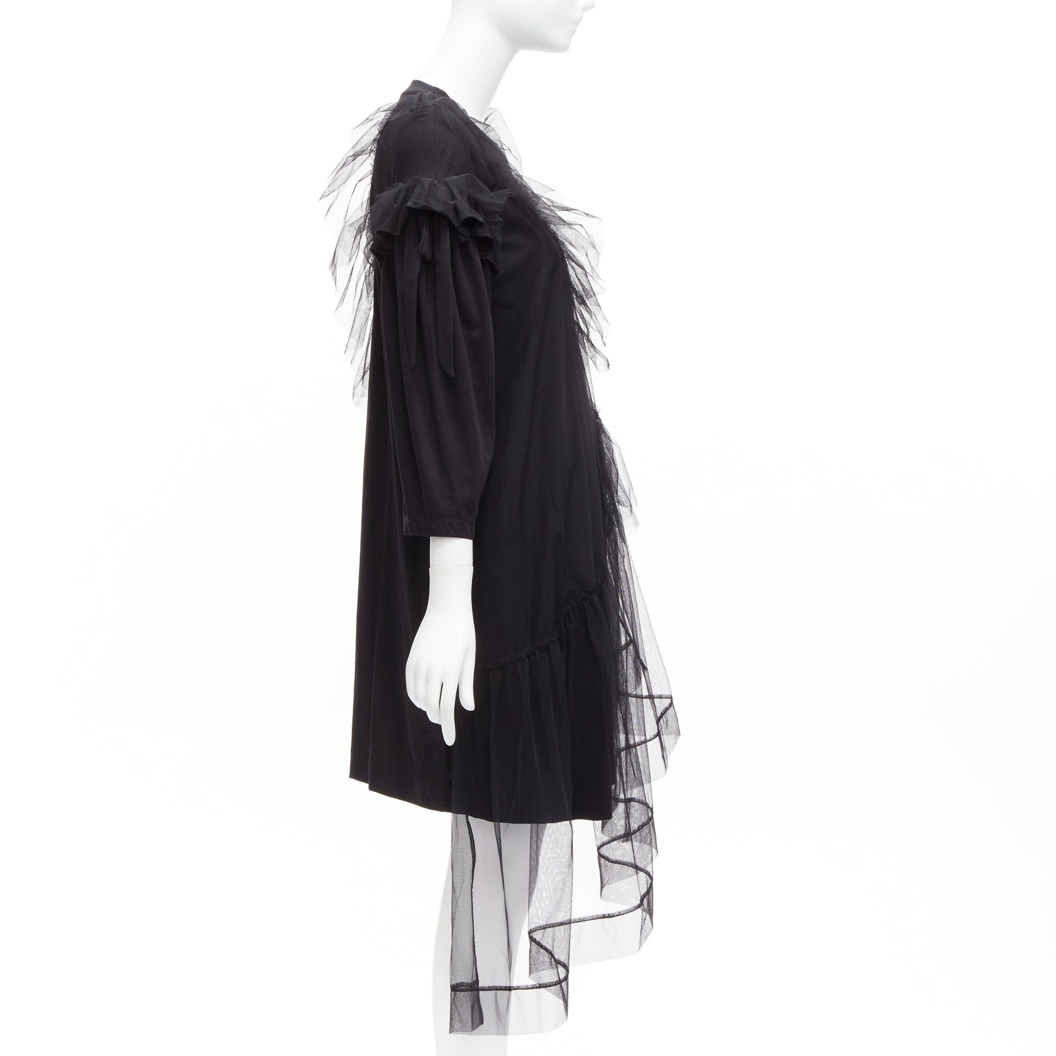 Simone Rocha SIMONE ROCHA black asymmetric tulle ruffle trim overlay tshirt dress S Size S / US 4 / IT 40 - 4 Thumbnail