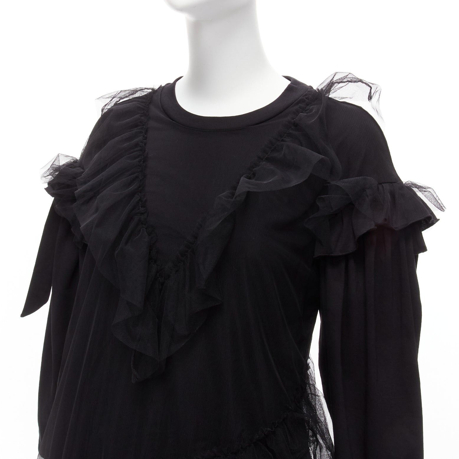 Simone Rocha SIMONE ROCHA black asymmetric tulle ruffle trim overlay tshirt dress S Size S / US 4 / IT 40 - 2 Thumbnail