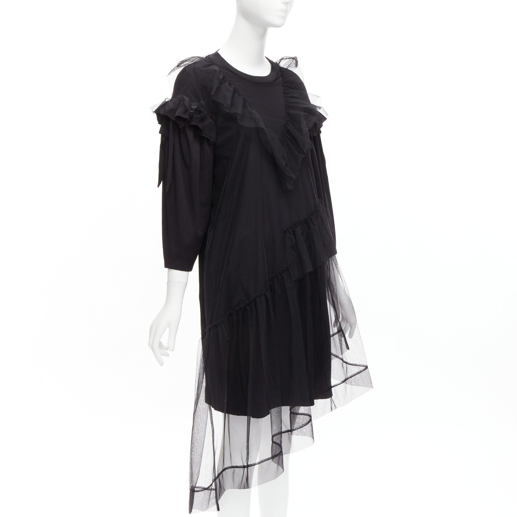 Simone Rocha SIMONE ROCHA black asymmetric tulle ruffle trim overlay tshirt dress S Size S / US 4 / IT 40 - 3 Thumbnail