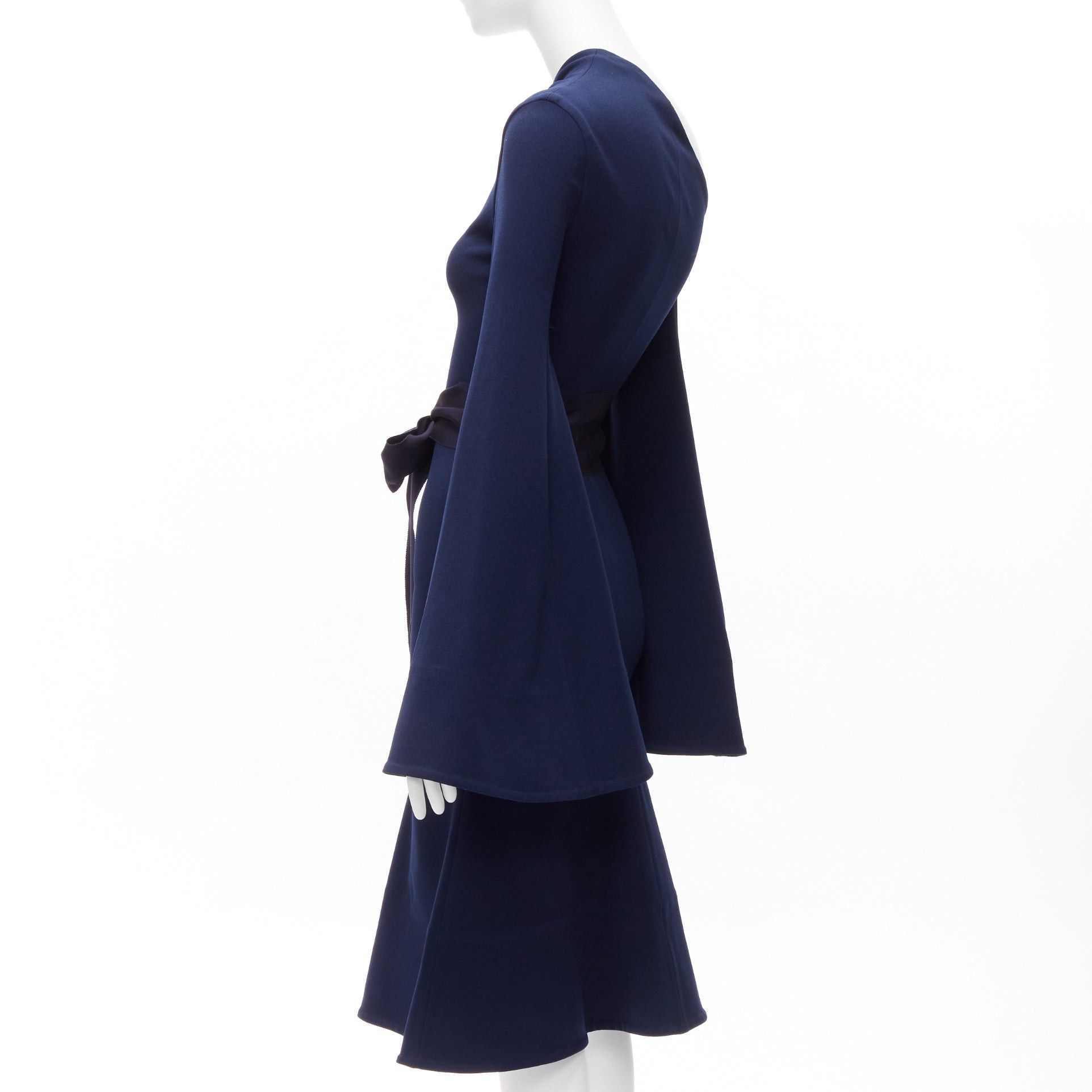 Solace London SOLACE LONDON Haso navy blue asymmetric stretch crepe bell sleeves belted dress UK4 XXS Size XS / US 0-2 / IT 36-38 - 6 Thumbnail