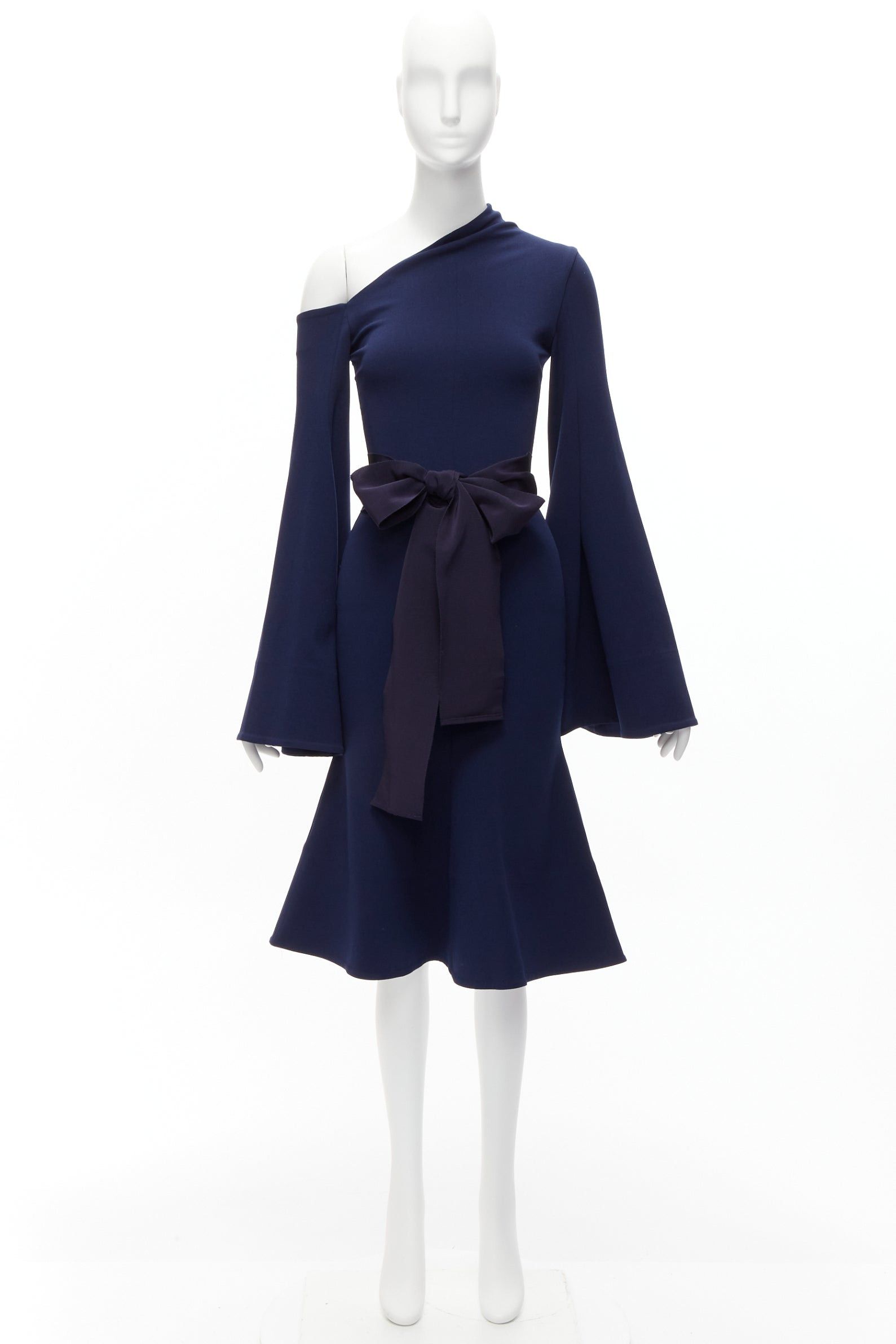 Solace London SOLACE LONDON Haso navy blue asymmetric stretch crepe bell sleeves belted dress UK4 XXS Size XS / US 0-2 / IT 36-38 - 9 Thumbnail