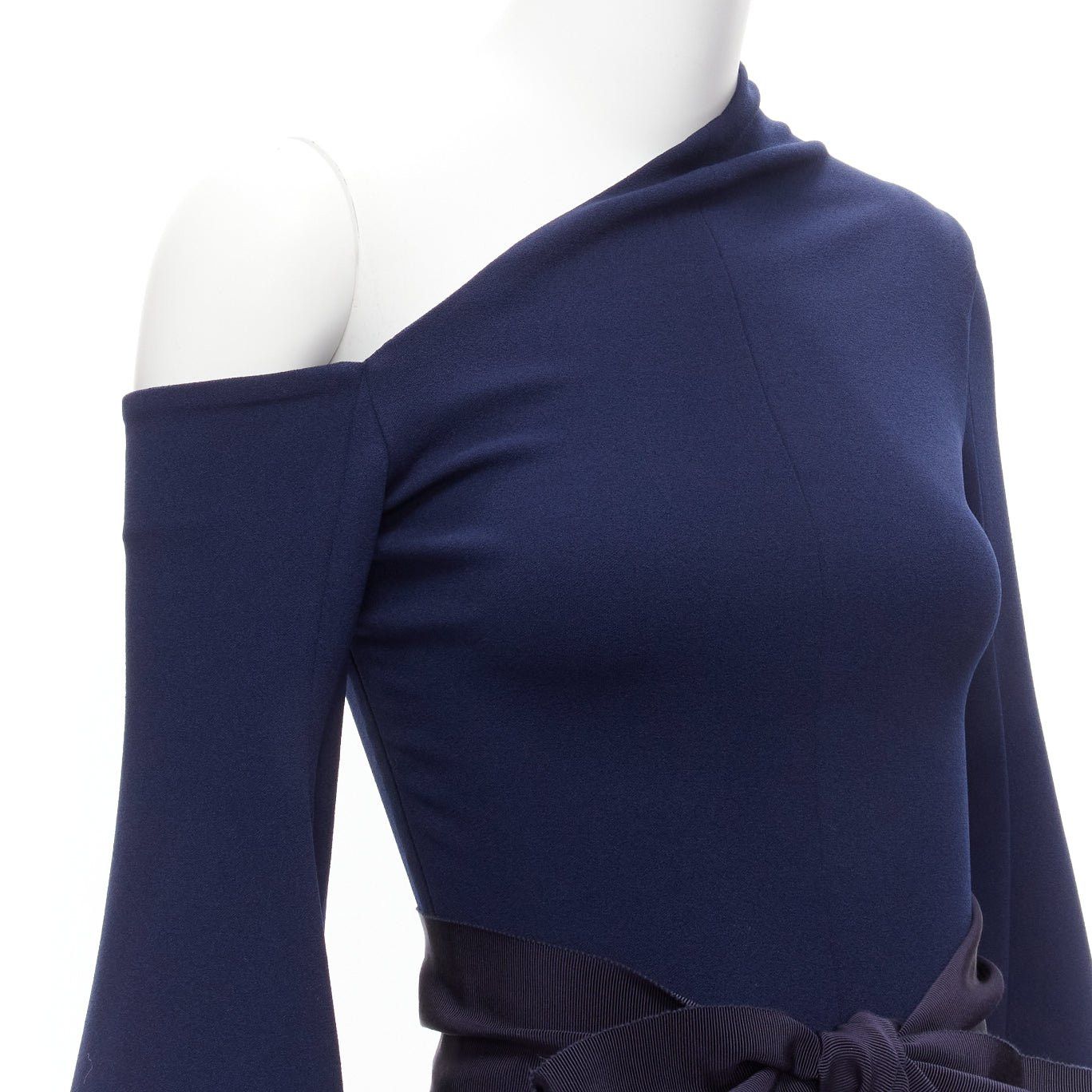 Solace London SOLACE LONDON Haso navy blue asymmetric stretch crepe bell sleeves belted dress UK4 XXS Size XS / US 0-2 / IT 36-38 - 7 Thumbnail