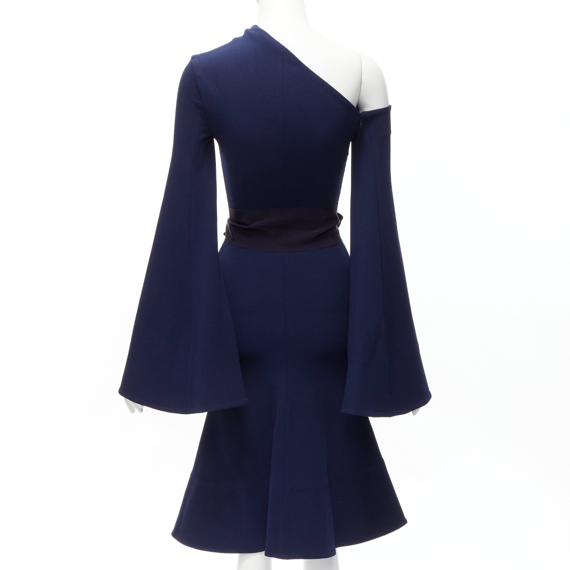 Solace London SOLACE LONDON Haso navy blue asymmetric stretch crepe bell sleeves belted dress UK4 XXS Size XS / US 0-2 / IT 36-38 - 5 Thumbnail