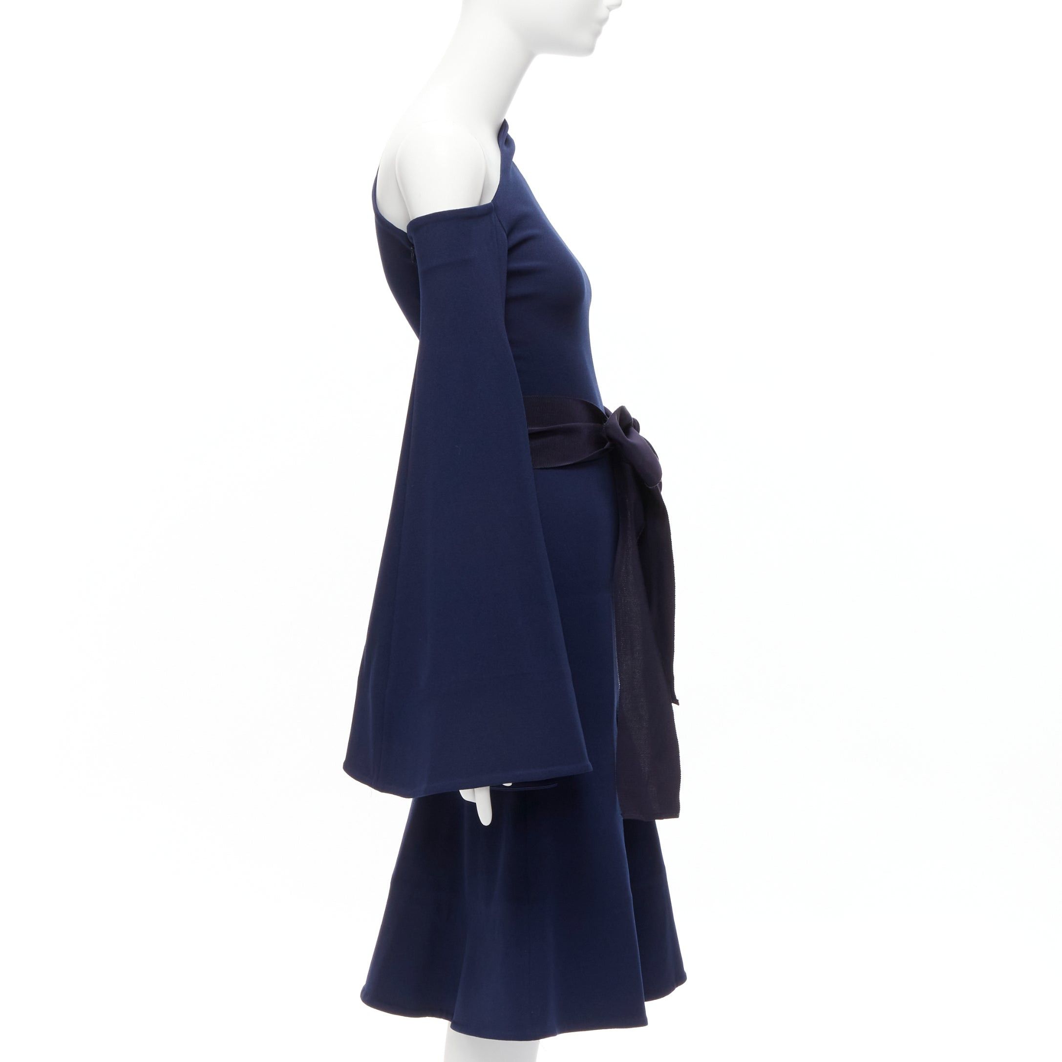 Solace London SOLACE LONDON Haso navy blue asymmetric stretch crepe bell sleeves belted dress UK4 XXS Size XS / US 0-2 / IT 36-38 - 4 Thumbnail